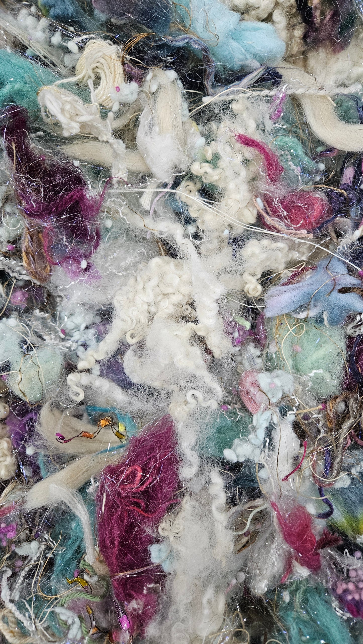 BETH MARCH - Recycled Wool Cotton Sparkle Mohair Mallows Eucalyptus Locks Fiber Art Texture Blend - 2 oz