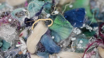 BETH MARCH - Recycled Wool Cotton Sparkle Mohair Mallows Eucalyptus Locks Fiber Art Texture Blend - 2 oz