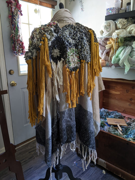 Fiber Festival Freeform Crochet, Knit Handspun, and Woven Boho MARIGOLD Wrap