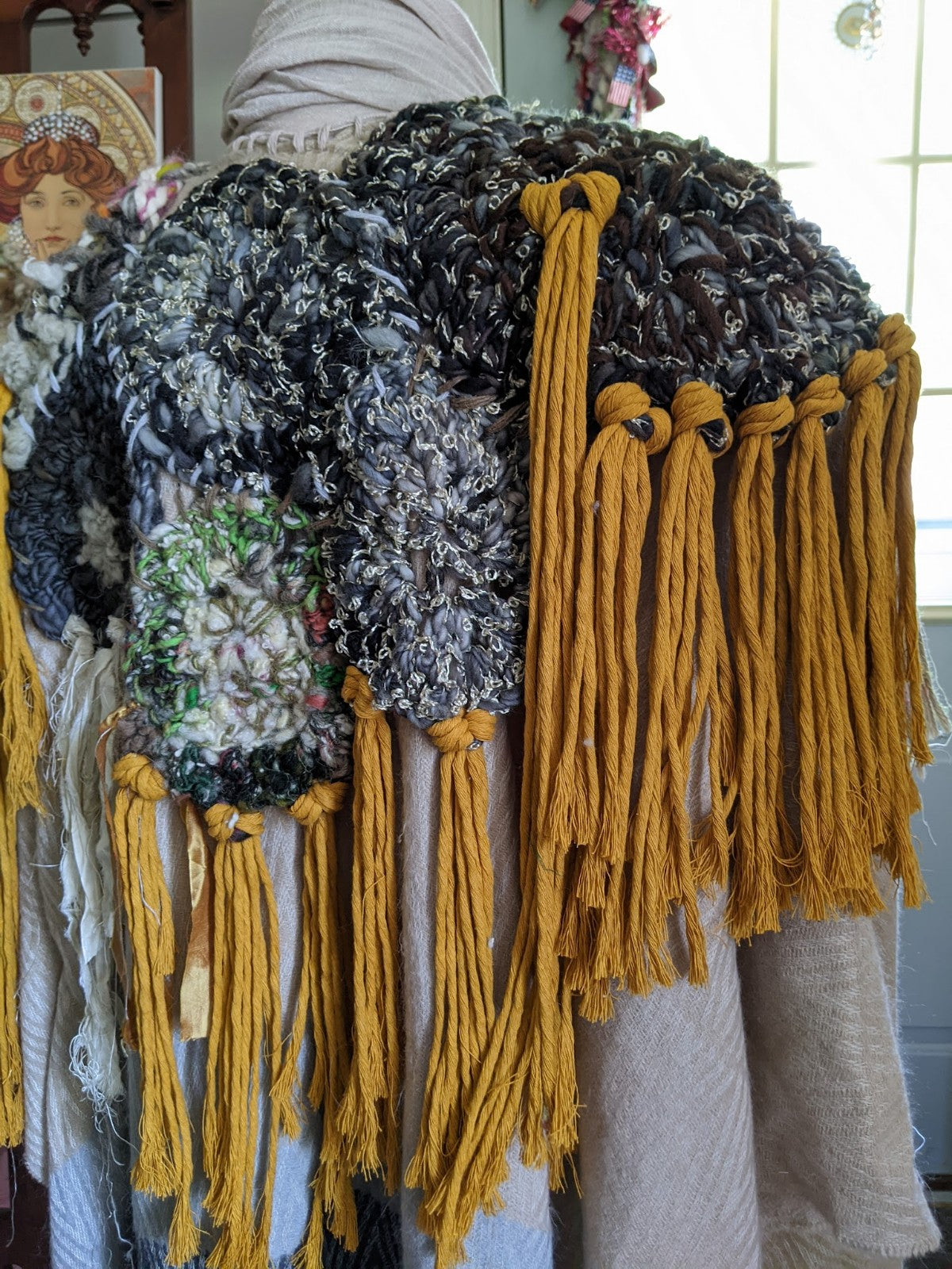Fiber Festival Freeform Crochet, Knit Handspun, and Woven Boho MARIGOLD Wrap